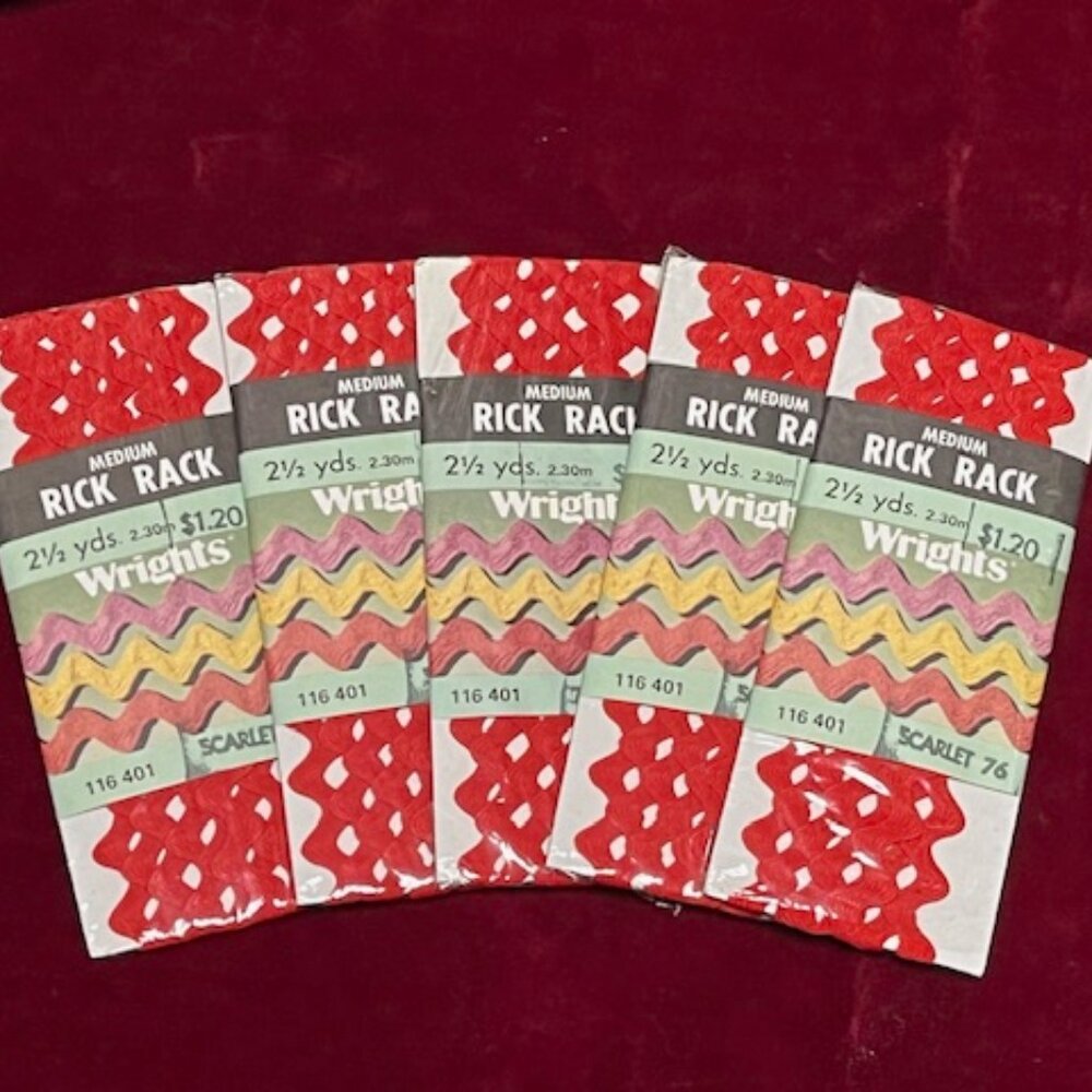 VTG Red Rick-Rack Trim Original Packaging 5 Packages Sewing Crafts 2.5 Yds Each
